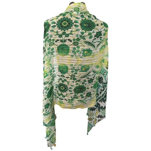 Dept. 222 Green & Yellow Floral Patterned Scarf/Shawl Wrap With Tassels - Picture 3 of 7